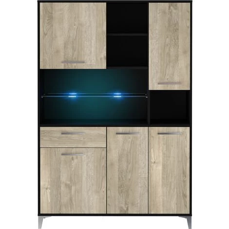 Meuble Buffet De Cuisine Avec LED En Mélamine Coloris Chêne/noir - Longueur 120 X Profondeur 40 X Hauteur 178 Cm -PEGANE- 1 Meuble Buffet De Cuisine Avec LED En Mélamine Coloris Chêne/noir - Longueur 120 X Profondeur 40 X Hauteur 178 Cm -PEGANE-