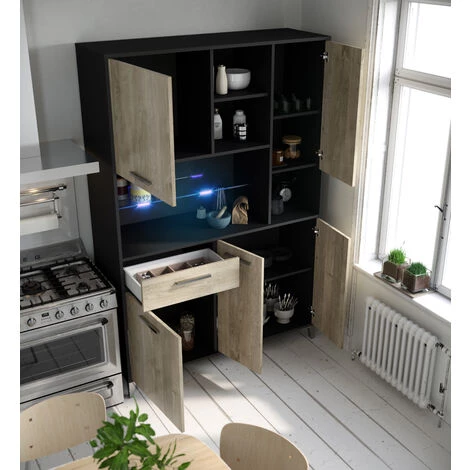 Meuble Buffet De Cuisine Avec LED En Mélamine Coloris Chêne/noir - Longueur 120 X Profondeur 40 X Hauteur 178 Cm -PEGANE- 4 Meuble Buffet De Cuisine Avec LED En Mélamine Coloris Chêne/noir - Longueur 120 X Profondeur 40 X Hauteur 178 Cm -PEGANE- – Image 4