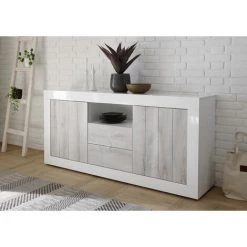 ZENZERO SHOP Buffet Moderne, 2 Portes 2 Tiroirs En Finition Pin Blanc Et Blanc Brillant
