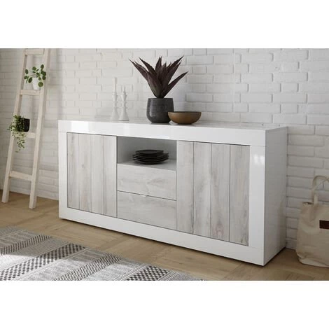 ZENZERO SHOP Buffet Moderne, 2 Portes 2 Tiroirs En Finition Pin Blanc Et Blanc Brillant 1 ZENZERO SHOP Buffet Moderne, 2 Portes 2 Tiroirs En Finition Pin Blanc Et Blanc Brillant