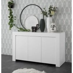 ZENZERO SHOP Buffet 3 Portes Laqué Blanc Mat Avec Poignée Cannelée