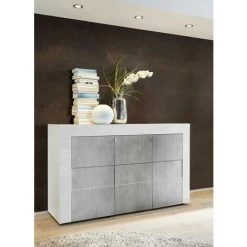 ZENZERO SHOP Buffet Moderne, Buffet Design, 3 Portes, Blanc Brillant Avec Façades Beton