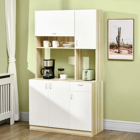 HOMCOM Armoire De Cuisine Contemporaine Rangement- Buffet Haut - 5 Portes, 1 Tiroir, 3 Niches - 102 X 48 X 180 Cm - Beige 2 HOMCOM Armoire De Cuisine Contemporaine Rangement- Buffet Haut - 5 Portes, 1 Tiroir, 3 Niches - 102 X 48 X 180 Cm - Beige – Image 2