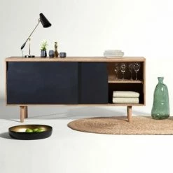 CASATERA Buffet Enfilade Manguier 2 Portes Coulissantes Naturel Et Noir Hanko - Negro -Buffet et enfilade Soldes 67620278 5