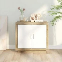 TRUE DEAL Buffet Blanc Et Chêne Sonoma 80x40x75 Cm Bois D'ingénierie -Buffet et enfilade Soldes 68253601 3