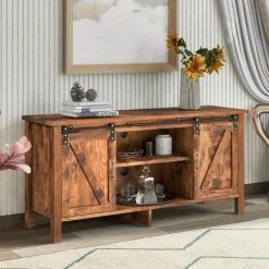 MODERNLUXE Buffet, Meuble De Rangement Avec étagères Réglables Et Portes Coulissantes Style Industriel, Pour Salle à Manger, Salon, 120x40x60,5cm, Marron Vintage