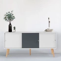 IDMARKET Buffet EFFIE Scandinave 3 Portes Bois Blanc Et Gris - Gris -Buffet et enfilade Soldes 9588620 4